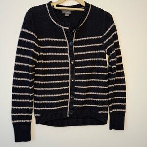 Eddie Bauer 100 Cotton Striped Cardigan Navy and Cream Knit